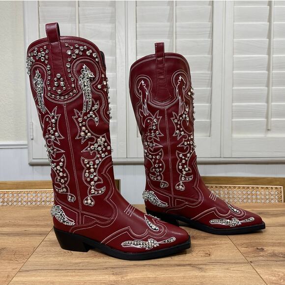 Azalea Wang Maisie Embellished Western Boot Red Faux Leather 8.5 NWOB Crystals - Picture 3 of 16
